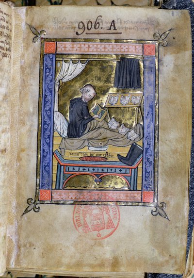 Ms 753 Fol.9 Munkki kirjoittaa sängyssään, Guillaume de Tournain Flores Bernardi tekijältä French School