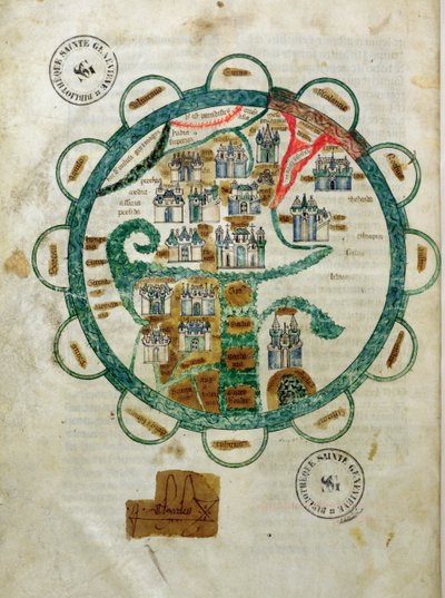 Ms 782 fol.16v. Maailmankartta maapallon muodossa, pienoismalli Grandes Chroniques de Philippe le Hardista tekijältä French School