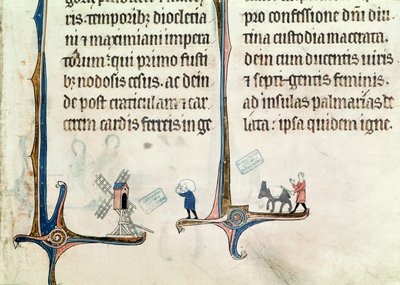 Ms 838 fol.55 Mies ajamassa aasillaan vehnäsäkkejä tuulimyllyyn, Obituaire de Notre Dame de Presistä, vuoden 1270 jälkeen tekijältä French School
