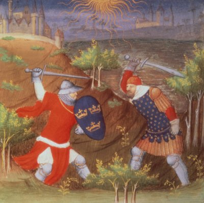 Ms Arsenal 5077 f.298 Kuningas Arthur taistelee roomalaista kenraalia vastaan Boucicaut-mestarin Histories-käsikirjoituksesta tekijältä French School