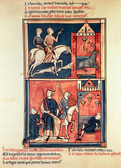 Ms Fr 1098 Hirvenmetsästys ja kuningas, mahdollisesti Dagobert I (632-39) valtaistuimellaan, St. Denisin elämästä ja ihmeistä tekijältä French School