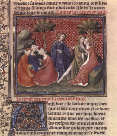 rouva Fr 118 fol. 219v sivu julkaisusta The Quest for the Holy Graal and Arthurs death, osa käsikirjoitusta Lancelot of the Lake tekijältä French School