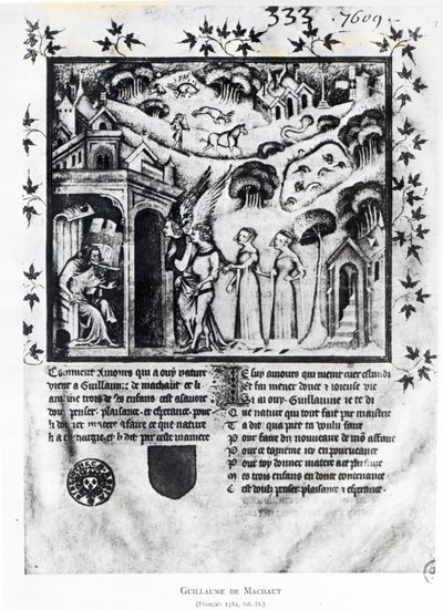 Ms Fr 1584 f.D Rakkautta vastaanottava kirjailija, joka tuo hänelle Sweet Thoughts, Pleasure and Hope, n. 1370 (käsikirjoitus) tekijältä French School