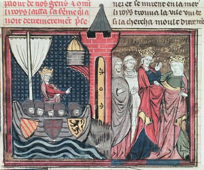 Ms Fr 22495 Fol.101 Baldwin I ylittää Jordanjoen ja luopumassa vaimostaan, Le Roman de Godefroi de Bouillon, 1337 tekijältä French School