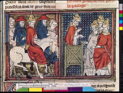 Ms Fr 22495 Fol.15 Clermontin kirkolliskokous ja paavi Urbanus II:n (n. 1035-1099) saapuminen Ranskaan, Le Roman de Godefroi de Bouillonista, 1337 tekijältä French School