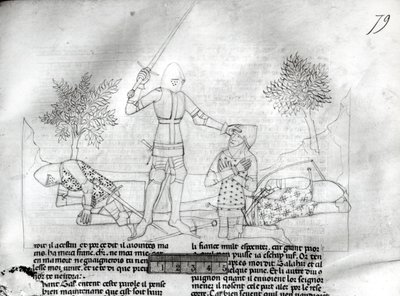 Ms Fr 343 f.79 Ritarin aseistaminen taistelukentällä, Lancelot du Lac tekijältä French School