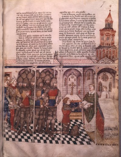 rouva Fr 343 fol. 7 Graalin etsintä ja Arthurin kuolema, ritari vannomassa valan tekijältä French School