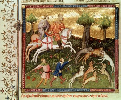 Ms Fr 616 fol.101 Koirat hyökkäämässä leopardia vastaan, Gaston Phebus de Foixin (1331-91) kirjasta tekijältä French School