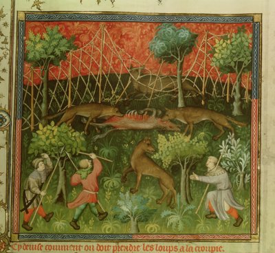 Ms Fr 616 fol.111 Susimetsästys verkkojen avulla Livre de la Chassesta, kirjoittanut Gaston Phebus de Foix (1331-91) tekijältä French School