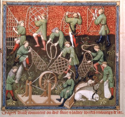 Ms Fr 616 fol.53v Miehet verkkoineen, Livre de la Chassesta, kirjoittanut Gaston Phebus de Foix (1331-91) 1400-luvun alussa tekijältä French School