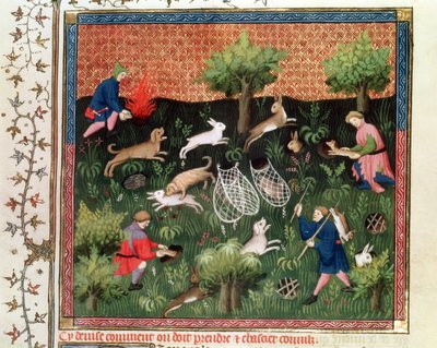 Ms Fr 616 fol.92 Jäniksen metsästys, Gaston Phebus de Foix (1331-91), Livre de la Chassesta, 1400-luvun loppu tekijältä French School