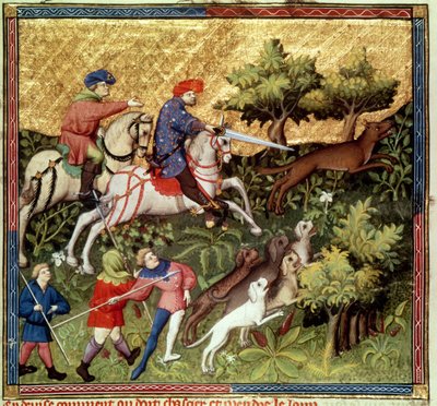 Ms Fr 616 fol.96v Wolf hunt, Gaston Phebus de Foixin (1331-91) kirjasta tekijältä French School