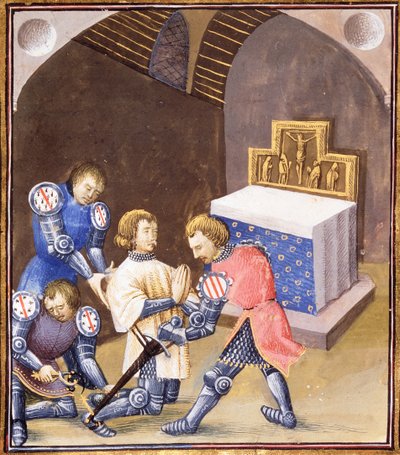 Ms Fr 99 f.561 Galahad saa miekan ja kannuksia rituaalin rituaalissa ennen kuin hän lähtee Graal-matkalle tekijältä French School