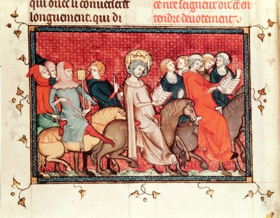 Ms Fr fol.48 Kuningas sanelemassa tuntinsa ratsastaessaan, St. Louisin elämä ja ihmeet, n. 1330-40 tekijältä French School