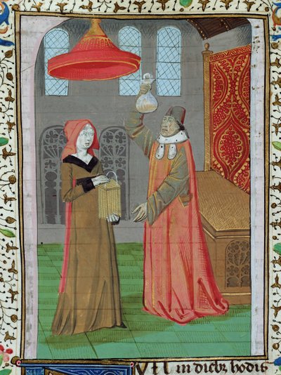 Ms H 7 fol.164r Lääkäri, joka tutkii St. Elizabethin virtsaa nähdäkseen, onko hän raskaana, Jean XXII:n Raamatusta tekijältä French School
