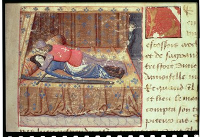 Ms Hunter 252 f.12r Sänkykohtaus, kirjasta "Les Cent Nouvelles Nouvelles". tekijältä French School