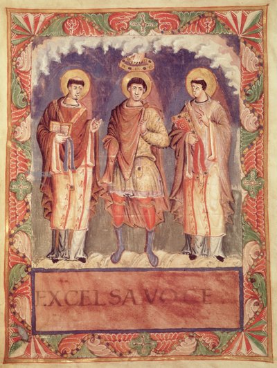 Ms Lat 1141 fol.2v Kaarle II:n (823-877) kruunaus Reimsin ja Trevesin arkkipiispojen kanssa, Sacrementaire de Metz (katso myös 159999) tekijältä French School