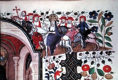Ms Lat 1156b Fol.167 Yksityiskohta paavista muulissaan seurueineen, Pyhän Pietarin kuvasta, Marguerite d