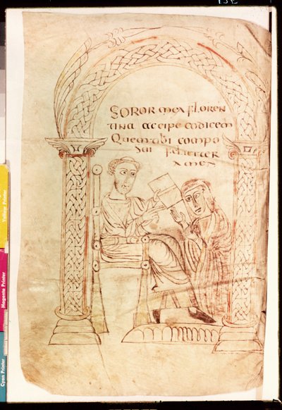 Ms Lat 13396 Fol.1 Isidore tarjoaa teoksensa sisarelleen Florentinalle, teoksesta De Catholic Faith from the Old and New Testament for juutalaisia ​​vastaan ​​Isidore of Sevilla (n.560-636) n.800 tekijältä French School