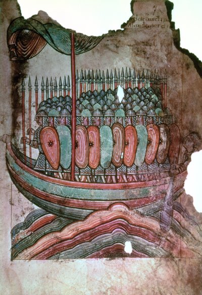 Ms Lat 1390 fol.7 Norman sotilaita ylittämässä Englannin kanaalia La Vie de Saint Aubin dAngersista tekijältä French School