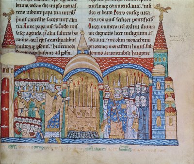 Ms Lat 17716 fol.91 Clunyn kirkon vihkiminen paavi Urbanus II:n (1042-99) toimesta marraskuussa 1095 tekijältä French School