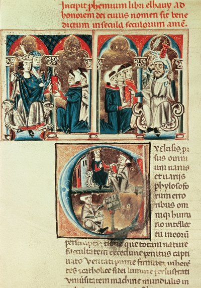 neiti Lat. 6912 fol.1v Juutalainen tutkija esittelee arabiankielisen tutkielman käännöksen Philippe dAnjoulle tekijältä French School