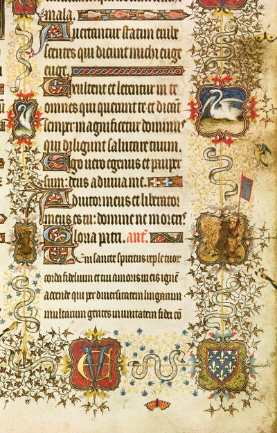Ms Lat 919 fol.96 Yksityiskohta vaakunoista ja eläinkoristeluista, Pyhältä Pietarilta Johtava Jean de France (1340-1416) Berryn herttua paratiisiin, Grandes Heures de Duc de Berrystä tekijältä French School