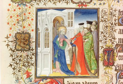 Ms Lat 919 fol.96 St. Peter, joka johtaa Jean de Francen (1340-1416) Berryn herttua paratiisiin, Grandes Heures de Duc de Berrystä, 1409 (katso myös 159985 ja 30908) tekijältä French School