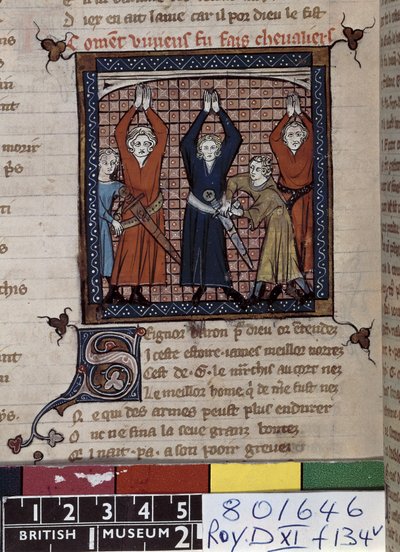 Ms Roy 20 D XI fol.134v Vivian ja muut vannovat valan kappaleesta "Chansons of Guillaume d