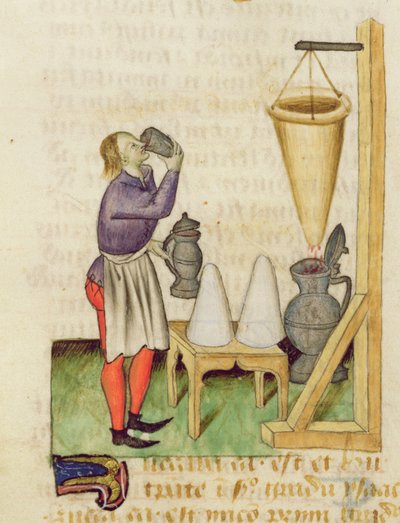 Neiti. Dioscoridesin tutkielma yrteistä, Fol.142r Making Alcohol tekijältä French School