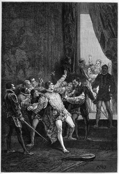 David Rizzion (Davide) murha Mary Stuartin (Marie Iere) (1542-1587) läsnäollessa - kaiverrus Francois Guizotin "Englannin historiaan kaukaisimmista ajoista" 1877 tekijältä French School