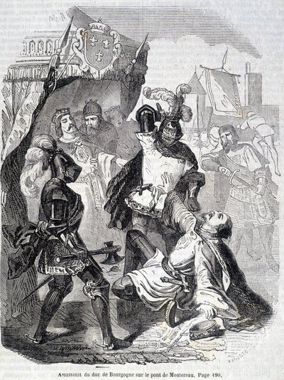 Burgundin herttuan (Jean sans Peur) murha Montereaun sillalla vuonna 1419 - teoksessa "Histoire de France", kirjoittaja L.-P. Anquetil tekijältä French School