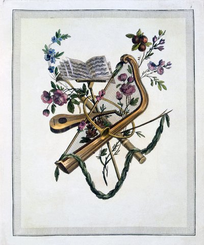 Musiikki-instrumentit Oppenords-kuvioiden kaiverrettujen levyjen kirjasta, julkaistu 1745rn tekijältä French School