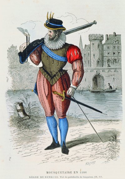 Muskettisoturi vuonna 1586, H. Gourdon de Genouillacin kuvitus Costumes de Paris a travers les siecles, kaiverrus A. Renard (värikaiverrus) tekijältä French School