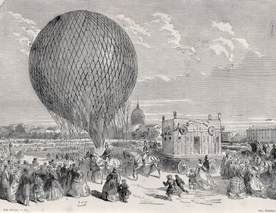 Nadars-ilmapallo, Le Géant valmistellaan Champ de Marsilla Pariisissa ensimmäiseen lentoon 4. lokakuuta 1863, kuva Pariisista Travers Les Siecles: Tome 5, 1889 tekijältä French School