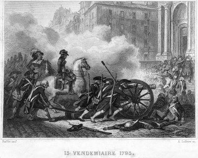Napoleonin murskaamassa kuninkaallisten kapinaa - Napoleon Bonaparte (ravosen selässä) komentamassa vallankumouksellisia joukkoja katutaisteluissa 13. Vendemiaire (5. lokakuuta) - 13. Vendemiaire 1795 (Rojalistinen kapina 5. lokakuuta 1795): Bonaparte hill tekijältä French School