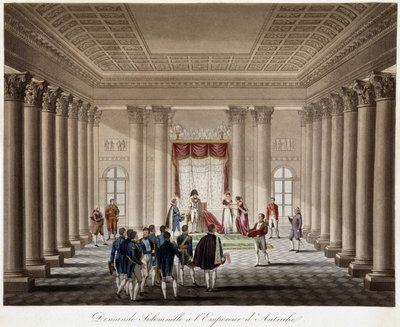 Napoleon pyytää Marie Louisea naimisiin Itävallan keisarin kanssa - kirjassa ”Ranskan ja Itävallan välisen sodan historiallinen historia vuonna 1809”” tekijältä French School
