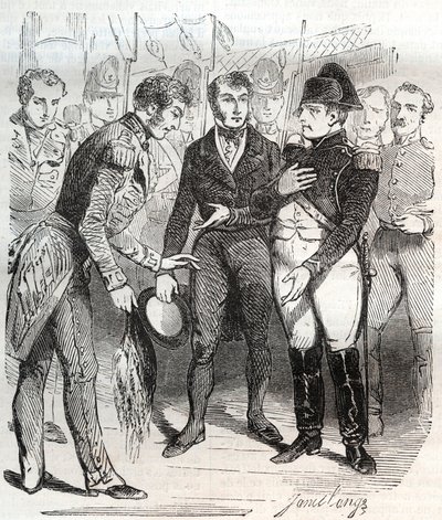 Napoleon uskoo brittiläiseen uskoon - Napoleon Bonaparte astuu brittiläiselle Bellerophon-alukselle, joka vie hänet maanpakoon St Heleneen (Saint Helene) 14. heinäkuuta 1815 - Napoleon Bonaparte astuu brittiläiseen Bellerophon-alukseen, joka vie hänet maan tekijältä French School