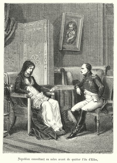 Napoleon neuvottelee äitinsä kanssa ennen lähtöään Elban saarelta (kaiverrus) tekijältä French School