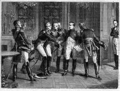 Napoleon kertoo marsalkkailleen päätöksestään luopua kruunusta, 6. huhtikuuta 1814 - Napoleon I ilmoittaa luopumisestaan ​​marsalkoille 6. huhtikuuta 1814 - Adolphe Thiersin "Imperiumin historia konsulaatin historiaa seuranneessa" -julkaisussa - 1879 - yks tekijältä French School