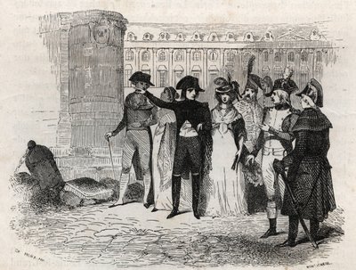 Napoleon kävelemässä Madame Tallienin kanssa, syntyi Theresa Cabarrus, Caramanin prinsessa, Caramanin prinsessa Chimay (1773 - 1835) sijoittaa Vendomen Pariisiin - kaiverrus "Les rues de Paris". Vanha ja moderni Pariisi: alkuperä, historia, monumentit, puv tekijältä French School