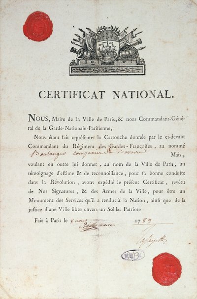 Kansallinen todistus hyvästä käytöksestä Ranskan vallankumouksen aikana, 8. elokuuta 1789 Pariisissa tekijältä French School