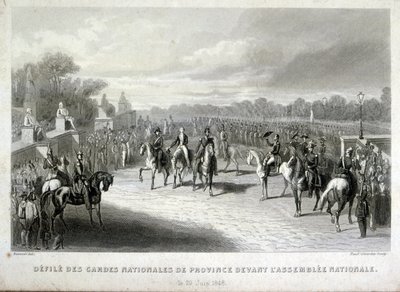 Kansalliskaartin sotilaat suojelevat Pariisin kansalliskokousta. Kaiverrus Ranskan 1848 vallankumouksen aikana (kaiverrus) tekijältä French School