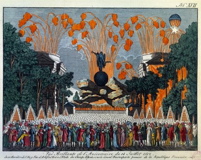 Kansallisjuhla 14. heinäkuuta 1801 Champs Elysees -kadulla Pariisissa: Ilotulitus tapahtuu tähti Champs Elyseesillä Pariisissa. Tuloste vuodelta 1801, Pariisi, Musee Carnavalet. tekijältä French School