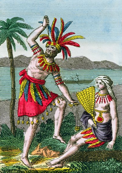 Marquesassaarten alkuperäisasukkaat, kuvitus J. Dufayn Histoire des Voyages Autour du Mondesta, julkaissut Courvalet & Co., Pariisi, 1826 (värikaiverrus) tekijältä French School