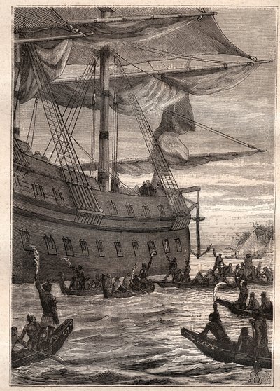 Alkuperäiset ihmiset pitivät banaanipuiden oksia kädessään: Samuel Wallisin (1728-1795) matka Polynesiaan – alkuperäiskansat pitelevät banaanin oksia tervetulleeksi – kuva otettu teoksesta ”1700-luvun suuret merenkulkijat” tekijältä French School