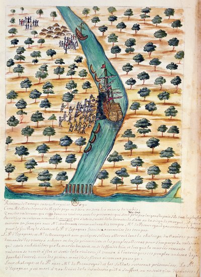 Alkuperäiset hyökkäävät ranskalaisten laivojen kimppuun Tavoy-joella, Siamin jesuiittojen kertomuksesta, 1688 (wc paperilla) tekijältä French School
