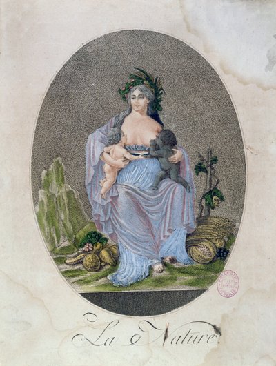 Luonto imettää mustaa vauvaa ja valkoista vauvaa, n. 1792 tekijältä French School