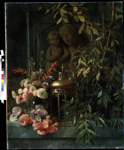 ""Asetelma"" (Madonna lapsen kanssa, lyhty, kukat (mukaan lukien neilikka) Ranskalaisen koulun maalaus 1800-luvulta. Mikhail Kroshitsky Art Museum, Sevastopol (Sevastopol) Ukraina tekijältä French School