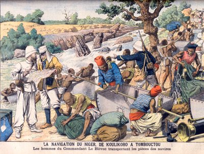 Navigointi Niger-joella Koulikoron ja Timbuktun välillä. Komentaja Le Blevecin komentama retkikunta kuljetti veneitä osissa kosken ympärillä. Nigerin navigointi Koulikorosta Timbuktuun. Komentaja Le Blevecin miehet kantamassa laivanpalasia. tekijältä French School